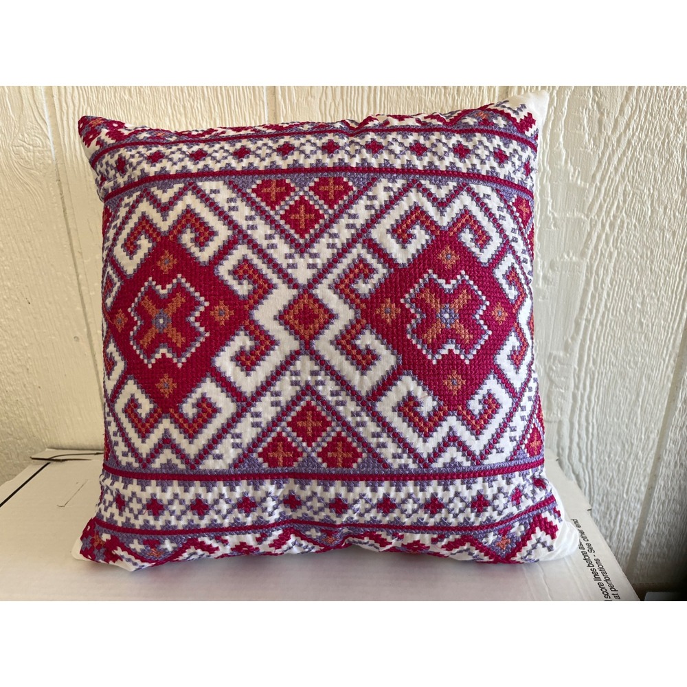 Decorative Embroidered Pillow Cover Boho Tribal Geometric‎ Pattern Square Accent